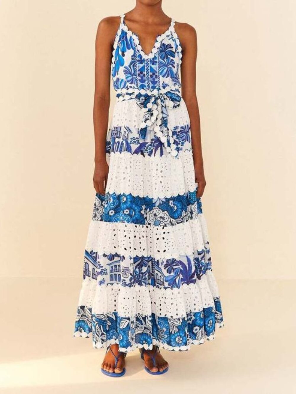 FARM Rio Blue & White Floral Eyelet Tiered Maxi Dress with Waist Tie